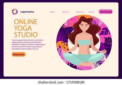 Woman meditating in lotus pose on the tropical background. Yoga school, online yoga studio, learn more about practice concept. Website landing web page template.