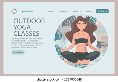 Woman Meditating In Lotus Pose On The Tropical Background. Yoga School, Outdoor Yoga Studio, Learn More About Practice Concept. Website Landing Web Page Template.