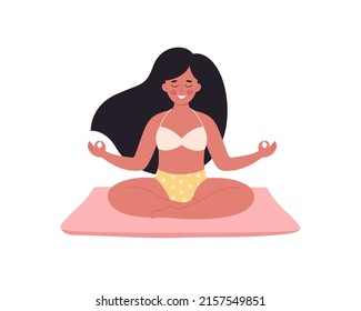 Woman meditating in lotus pose on yoga mat. Healthy lifestyle, yoga, relax, breathing exercise. World yoga day. Hand drawn vector illustration