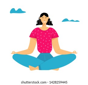 Woman Meditating in Lotus Pose, Outdoors Yoga, Healthy Lifestyle, Relaxation Emotional Balance, Summer Vacation, Harmony with Nature, Summertime Life, Positive Mood. Cartoon Flat Vector Illustration