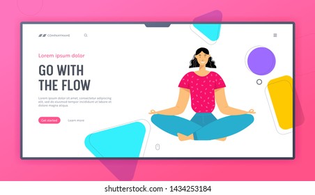 Woman Meditating in Lotus Pose, Outdoors Yoga, Healthy Lifestyle, Relaxation Emotional Balance, Harmony with Nature, Positive Website Landing Page, Web Page. Cartoon Flat Vector Illustration, Banner