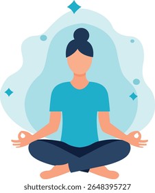 Woman meditating in lotus pose, surrounded by calming energy.