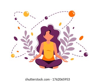 Woman meditating in lotus pose. Yoga, meditation, relax, recreation, healthy lifestyle. Vector illustration