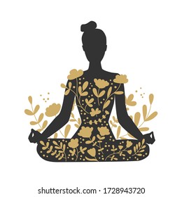 Woman meditating in the Lotus position. Black female silhouette and golden floral ornament. Woman in Padmasana position. Beautiful meditation concept with gold flowers. Vector illustration on yoga.