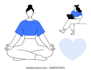 Woman meditating in lotus position with calm expression. Nearby, another woman sits on a ledge using a tablet. Blue heart symbol in the background. Ideal for wellness, mindfulness, relaxation