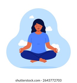 Woman meditating in lotus position with eyes closed, floating among clouds. Mental health, mindfulness, inner peace, relaxation, wellness concept. Flat vector illustration isolated on white background
