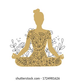 Woman meditating in the Lotus position. Golden female silhouette and floral ornament. Hand drawn doodle flowers and woman in gold color. Beautiful meditation concept. Vector illustration on yoga.