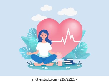 Woman meditating in lotus position with heart and cardiogram. Cartoon vector illustration