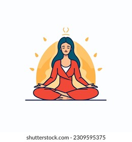 A woman meditating in a lotus position. Illustration of a girl sitting in a lotus position. isolated in white background. vector illustration. outline style meditation girl icon. 