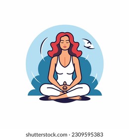 A woman meditating in a lotus position. Illustration of a girl sitting in a lotus position. isolated in white background. vector illustration. outline style meditation girl icon. 