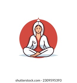 A woman meditating in a lotus position. Illustration of a girl sitting in a lotus position. isolated in white background. vector illustration. outline style meditation girl icon. 