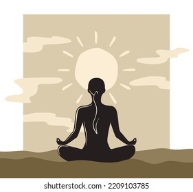 Woman meditating in lotus position and looking at the sun. Relaxation and healthy lifestyle concept