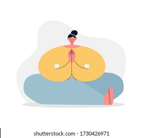 Woman meditating in the Lotus position. Oversized girl doing yoga. Young woman practising meditation in Padmasana pose. Modern flat illustration on yoga. Vector cartoon character. 