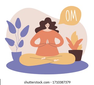 Woman meditating in the Lotus position and saying Om. Young woman practising meditation at her home. Modern flat illustration on yoga and meditation topic. 