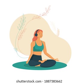 Woman meditating in the Lotus position and saying Om. Girl with the headphones practising the guided meditation. Modern flat illustration on yoga topic. Vector illustration in flat style. Young woman