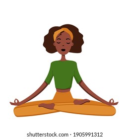 Woman meditating in the Lotus position and saying Om. Girl with practising the guided meditation. Modern flat illustration on yoga topic.Vector illustration. Yoga girl in levitation
