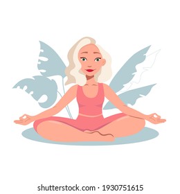 Woman meditating in the Lotus position and saying Om. Woman practising the guided meditation. Modern flat illustration on yoga topic. Vector illustration in flat style. Practise meditation