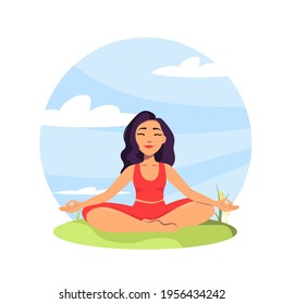 Woman meditating in the Lotus position and saying Om. Girl practising the guided meditation in the park,outdoors. Modern flat illustration on yoga topic. Vector illustration in flat style. Young woman