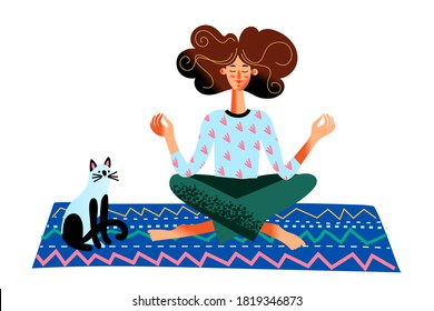 Woman meditating in lotus position, sitting on carpet, near cute cat. Young girl practices yoga and mindfulness practices at home. Vector character illustration of healthy yogi happy lifestyle