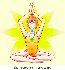 A woman meditating in lotus position. Vector graphics on yellow background.