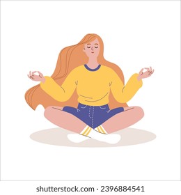 Woman meditating in lotus position. Vector illustration in flat style