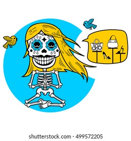 Woman meditating in the lotus position.  Vector flat and linear Illustration of skeleton. Web banners, advertisements, brochures, business templates. Isolated on a white background.