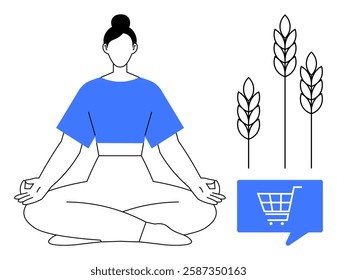 Woman meditating in a lotus position, wheat stalks beside her, and a shopping cart symbol. Ideal for wellness, mindfulness, agriculture, e-commerce, health, relaxation, and balanced lifestyle themes