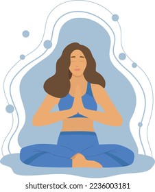 Woman meditating in lotus position yoga asana. Conceptual illustration of yoga, observation, relaxation, zen, harmony, relaxation, healthy lifestyle.