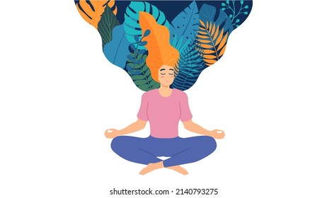 Woman meditating with mindfulness imagination in nature and leaves. Concept illustration for yoga, meditation, relax, recreation, healthy lifestyle. Vector illustration in flat cartoon style.