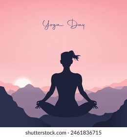 Mujer meditando en un pico de montaña mirando al amanecer, ilustración para el día de yoga