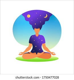 Woman meditating with nature background and her hair up. Meditation concept. Woman sitting in lotus position practicing meditation. in lotus pose. Vector illustration in flat style.