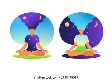 Woman meditating with nature background and her hair up. Meditation concept. Woman sitting in lotus position practicing meditation. in lotus pose. Vector illustration in flat style. Set.
