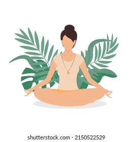 Woman meditating in nature. Beautiful woman of yoga in lotus pose. Illustration for yoga, meditation. Vector illustration 