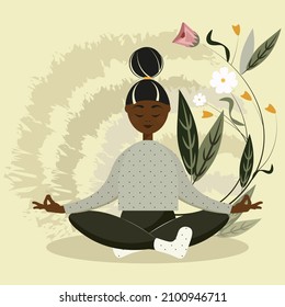 Woman meditating in nature. Concept illustration of yoga, relaxation, recreation, healthy lifestyle. 