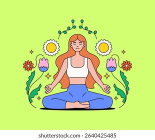 Woman meditating in nature with a cross-legged pose surrounded by decorative flowers, leaves, and shining suns symbolize peace, mindfulness, and connection with nature in cartoon illustration for yoga
