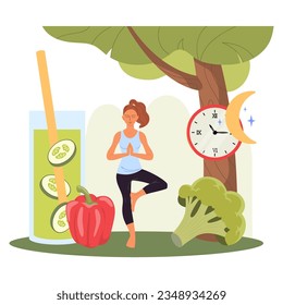 Woman meditating in nature and healthy lifestyle elements. Healthy habits, exercising, sleep schedule, organic food vector illustration. Healthy lifestyle, nutrition or diet concept