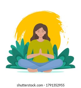 Woman meditating in nature leaves background. Female doing yoga, sport, recreation, relax. Vector illustration in flat style