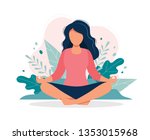 Woman meditating in nature and leaves. Concept illustration for yoga, meditation, relax, recreation, healthy lifestyle. Vector illustration in flat cartoon style