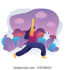 Woman meditating in nature and leaves. Concept illustration for yoga, meditation, relax, recreation, healthy lifestyle. Vector illustration in flat cartoon style in many situation