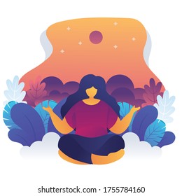 Woman meditating in nature and leaves. Concept illustration for yoga, meditation, relax, recreation, healthy lifestyle. Vector illustration in flat cartoon style in many situation