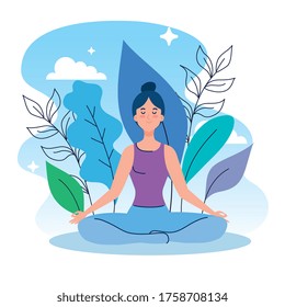 woman meditating in nature and leaves, concept for yoga, meditation, relax, healthy lifestyle vector illustration design