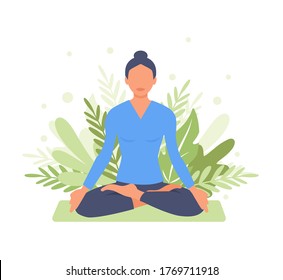 Woman meditating in nature and leaves. Concept illustration for yoga, meditation, relax, recreation, healthy lifestyle. Isolated on a white background. Vector illustration in flat cartoon style