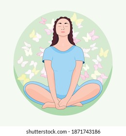 Woman meditating in nature and leaves. Concept for yoga, meditation, relax, recreation, healthy lifestyle. Vector illustration in flat cartoon style