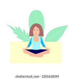 Woman Meditating Nature Leaves Concept Illustration Stock Vector ...