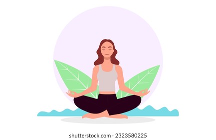 Mujer meditando en la naturaleza y en las hojas. Ilustración conceptual para el yoga, la meditación, la relajación, la recreación, el estilo de vida saludable.