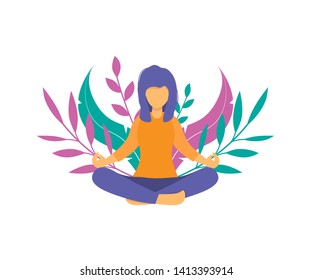 Woman meditating in nature and leaves. Girl doing yoga. Lotus pose the practice of meditation. The concept of healthy lifestyle. Relaxing and calm posture. Flat vector illustration. 