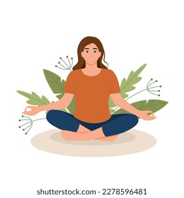 Woman meditating in nature and leaves. Yoga, meditation, relax, retreat, healthy lifestyle concept. Vector illustration in flat cartoon style