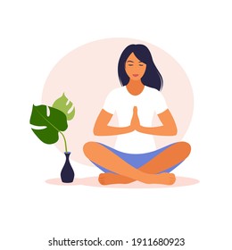 Woman meditating in nature. Meditation concept, relax, recreation, healthy lifestyle, yoga. Woman in lotus pose. Vector illustration.