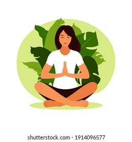 Woman meditating in nature. Meditation concept, relax, recreation, healthy lifestyle, yoga. Woman in lotus pose. Vector illustration.