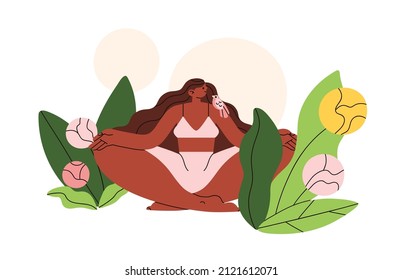 Woman meditating in nature. Peaceful female relaxing in harmony. Balance, peace, zen and mental health concept. Spiritual meditation in flowers. Flat vector illustration isolated on white background.